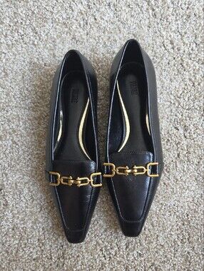 PAIGE Black Leather Loafers with Gold Bit Detail